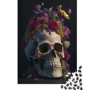 Jigsaw Puzzles 1000 Pieces for Adults Skull with Flowers on Black Background Adult Puzzles Relaxing Games Difficult Hard Deal As Gifts for The Whole Family 52x38cm/1000pcs