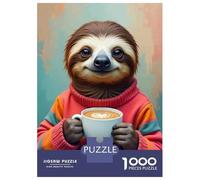 Jigsaw Puzzles 1000 Pieces for Adults Sloth Holding Coffee Cup Jigsaw Puzzle Relax Games Precision Cutting Unique Birthday And Gifts 52x38cm/1000pcs