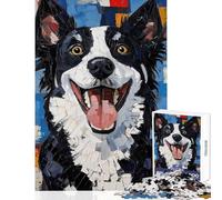 Jigsaw Puzzles 1000 Pieces for Adults Smiling Border Collie Painting Educational Games Improve Memory Anti-Stress Toys Enhance Love between Couples (38X26cm)