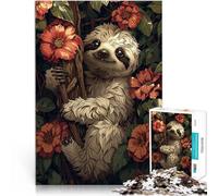 Jigsaw Puzzles 1000 Pieces for Adults Smiling Sloth in Flowers Familienaktivität mit passendem Poster und Quizblatt52x38cm