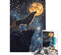 Jigsaw Puzzles 1000 Pieces for Adults Star-Filled Wolf Howling at A Golden Moon Adult Jigsaw Puzzle Family Game Enhance Memory Unique Birthday And Gifts (Size 38x26cm)