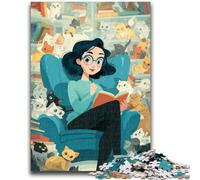 Jigsaw Puzzles 1000 Pieces for Adults Teens Cat And Girl Reading Family Fun with Matching Poster And Trivia Sheet for Age 14+ 50x75cm