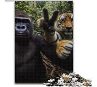 Jigsaw Puzzles 1000 Pieces for Adults Teens Chimpanzee And Tiger Selfie,Stress Reliever Difficult Challenge Unique Home Decor And Gifts 38x26cm
