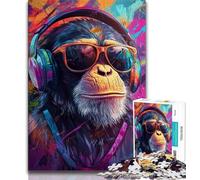 Jigsaw Puzzles 1000 Pieces for Adults Teens Chimpanzee Wearing Headphones,Challenging Game for Is Ideal As A Gift for The Whole Family (38x26cm)