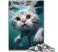 Jigsaw Puzzles 1000 Pieces for Adults Teens Funny Cat Swimming Animal Family Fun with Matching Poster And Trivia Sheet for Age 14+ 50x75cm
