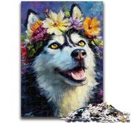 Jigsaw Puzzles 1000 Pieces for Adults Teens Husky with Flowers 1000 Piece Jigsaw,is Ideal As Gifts for The Whole Family Suitable for And 14 (75x50cm)