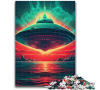 Jigsaw Puzzles 1000 Pieces for Adults Teens Neon Retro Alien Spaceship Family Fun with Matching Poster And Trivia Sheet for Age 14+ 26x38cm