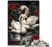 Jigsaw Puzzles 1000 Pieces for Adults Teens Rose And White Swan Stress Reliever Difficult Challenge with Matching Poster And Trivia Sheet 50x75cm