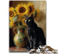 Jigsaw Puzzles 1000 Pieces for Adults Teens Sunflower And Cat Stress Reliever Difficult Challenge with Matching Poster And Trivia Sheet 26x38cm