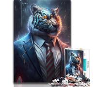 Jigsaw Puzzles 1000 Pieces for Adults Teens White Boss Tiger in Suit Adult Jigsaw,Educational Games Home Decoration Suitable for Desktop Decoration 38x26cm
