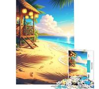 Jigsaw Puzzles 1000 Pieces for Adults Tropical Beach Hut at Sunset, Chibi Style Toys Educational Games Family Games A Work of Art Great Gifts for Games (Size 38x26cm)