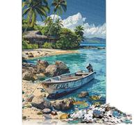 Jigsaw Puzzles 1000 Pieces for Adults Tropical Beach with Boat And Hut Puzzle for Adults Paperboard Puzzles Family Fun Jigsaws Puzzles 38x26cm/1000pcs