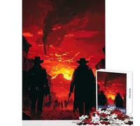 Jigsaw Puzzles 1000 Pieces for Adults Western Town Showdown at Sunset Home Decoration Toys Birthday Gift for Educational Game with Matching Poster And Trivia Sheet Size 38x26cm