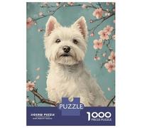 Jigsaw Puzzles 1000 Pieces for Adults Westie Dog with Cherry Blossoms Floral White Pup Jigsaws for Adults Family Games Stress Reliever Stress Reduction Gifts 52x38cm/1000pcs