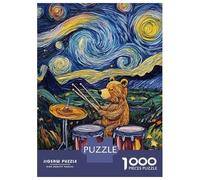 Jigsaw Puzzles 1000 Pieces for Teenagers Bear Drumming Under Starry Night Puzzles for Adults Relaxing Games Stress Reliever Help The Brain Exercise 38x26cm/1000pcs