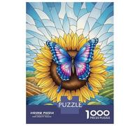 Jigsaw Puzzles 1000 Pieces for Teenagers Butterfly on Sunflower Stained Glass Style Jigsaws for Adults Relaxing Games Analysis And Logic for Birthday, Chrismas 52x38cm/1000pcs