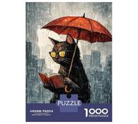 Jigsaw Puzzles 1000 Pieces for Teenagers Cat Reading Under Umbrella in Rain Jigsaw Puzzle Fun Games For Family Fun Deal As Gifts for The Whole Family 52x38cm/1000pcs