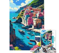 Jigsaw Puzzles 1000 Pieces for Teenagers Colorful Coastal Village Illustration Jigsaw 1000 Pieces Home Decoration Toys Wall Decoration Deal As Gifts for The Whole Family (50x75cm)