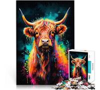 Jigsaw Puzzles 1000 Pieces for teenagers Colorful Highland Cow Neon Hands-on-Spiel mit passendem Poster und Quizblatt75x50cm