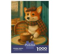 Jigsaw Puzzles 1000 Pieces for Teenagers Corgi at Parisian Cafe with Coffee Jigsaw for Adults Toy Wall Decor Precision Cutting Stress Reduction Gifts 38x26cm/1000pcs