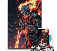 Jigsaw Puzzles 1000 Pieces for Teenagers Flaming Skull Samurai Warrior Illustration Challenging Game Toys Pattern Assembly Gifts Ideas (38x52cm)