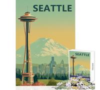 Jigsaw Puzzles 1000 Pieces for Teenagers Seattle Travel Vintage Poster with Space Needle Toy Wall Decor Secret Santa Gifts Educational Games Help The Brain Exercise Size 50x75cm