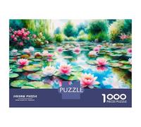 Jigsaw Puzzles 1000 Pieces for Teenagers Watercolor Lily Pond with Pink Flowers Jigsaw Puzzle Fun Games For Family Fun Deal As Gifts for The Whole Family 38x26cm/1000pcs