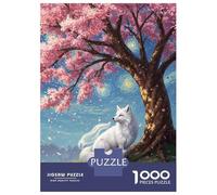Jigsaw Puzzles 1000 Pieces for Teenagers White Fox Under Cherry Blossom Tree Adult Jigsaw Puzzle Fun Games Improve Memory Help The Brain Exercise 38x26cm/1000pcs