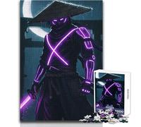 Jigsaw Puzzles 1000 Pieces Neon Samurai Warrior in The Rain Relaxing Solo Quiet Time Superior Accurate Cutting Play Toy Size 38x26cm