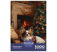 Jigsaw Puzzles 1000 Pieces Papillon Dog by Fireplace Elegant Christmas Dog Art Puzzles for Adults Hands-on Game Staycation Kill Time Christmas Birthday Gifts 52x38cm/1000pcs