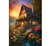 Jigsaw Puzzles 1000 pieces,Puzzles for Adults,Challenging Educational Family Activity Games Home Decoration Puzzle Sunset Cottage Flowers,29.5 x 19.7 Inch