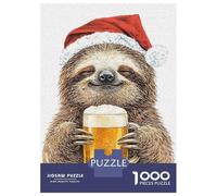 Jigsaw Puzzles 1000 Pieces Sloth in Santa Hat with Beer Jigsaws for Adults Hands-on Game Stress Reliever Unique Birthday And Xmas Gifts 38x26cm/1000pcs
