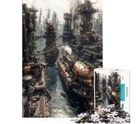 Jigsaw Puzzles 1000 Pieces Steampunk Industrial Cityscape with Ships for Birthday, Chrismas Perfect Decoration DIY Toys Suitable for Ages 14 And Up (50x75cm)