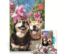 Jigsaw Puzzles 1000 Pieces Two Happy Dogs in Flower Garden Brain Teaser Game Difficult Challenge Deal As Gifts for The Whole Family 38x52cm