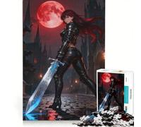 Jigsaw Puzzles 1000 Pieces Warrior Woman with Sword Under Red Moon Brain Teaser Game Difficult Challenge Deal As Gifts for The Whole Family 50x75cm