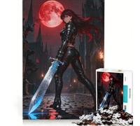 Jigsaw Puzzles 1000 Pieces Warrior Woman with Sword Under Red Moon Brain Teaser Game Difficult Challenge Deal As Gifts for The Whole Family 38x52cm