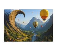 Jigsaw Puzzles 1000 Pieces Wooden Assembling Picture，Wave wall in spring - hot air balloons over a surreal landscape，Adults Games Educational Toys（75x50cm）-AM15