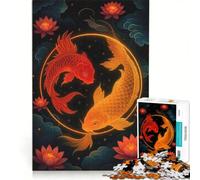Jigsaw Puzzles 1000 Pieces Yin Yang Koi Fish with Lotus Brain Teaser Game Difficult Challenge Deal As Gifts for The Whole Family 50x75cm