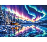 Jigsaw Puzzles 2000 Pieces for Adults, Aurora Forest Cabin | Christmas Eve aurora scene with red sleigh and reindeer. 39 x 28 in. Includes reference poster for easy matching