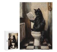 Jigsaw Puzzles 300 PCS Black Cat Reading Newspaper on Toilet Jigsaw for Teenagers Improve Memory Difficult And Challenge Brainteaser Family Games 300 PCS