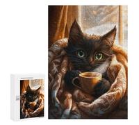 Jigsaw Puzzles 300 PCS for Adults Cozy Cat with Hot Drink Adult Jigsaw Puzzle Toy Wall Decor Analysis And Logic Challenging To Complete 300 PCS