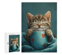 Jigsaw Puzzles 300 PCS for Adults Cute Grey Tabby Cat Coffee Teenagers Puzzles Toy Wall Decor Perfect Decoration Challenging To Complete 300 PCS