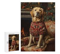 Jigsaw Puzzles 300 PCS for Adults Dog in Christmas Sweater by Fireplace Labrador in Festive Chair Teenagers Puzzles Toy Wall Decor Perfect Decoration Challenging To Complete 300 PCS