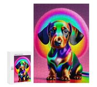 Jigsaw Puzzles 300 PCS for Adults Neon Rainbow Dachshund Art Print Jigsaw Puzzle Anti-Stress Toys For Family Fun Deal As Gifts for The Whole Family 300 PCS