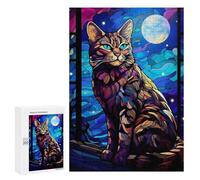 Jigsaw Puzzles 300 PCS for Teenagerss Bengal Cat Stained Blue Jigsaws for Adults Toy Wall Decor Difficult Hard Challenging To Complete 300 PCS