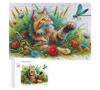 Jigsaw Puzzles 300 PCS for Teenagerss Cat Chasing Dragonfly in Garden Jigsaws for Adults Hands-on Game But Fun And Humorous Deal As Gifts for The Whole Family 300 PCS
