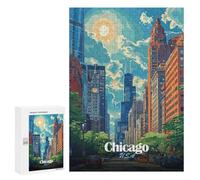 Jigsaw Puzzles 300 PCS for Teenagerss Chicago Cityscape Illustration Jigsaws for Adults Relax Games Precision Cutting Deal As Gifts for The Whole Family 300 PCS