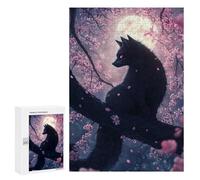 Jigsaw Puzzles 300 PCS for Teenagerss Japanese Black Fox Kitsune Cat in Cherry Blossoms Jigsaws for Adults Relax Games Precision Cutting Deal As Gifts for The Whole Family 300 PCS