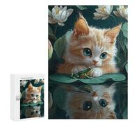 Jigsaw Puzzles 300 PCS for Teenagerss Kitten And Frog on Lily Pad Cornish Rex Cat Jigsaws for Adults Toy Wall Decor Difficult Hard Challenging To Complete 300 PCS