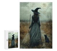 Jigsaw Puzzles 300 PCS Spooky Witch with Black Cat Jigsaw for Teenagers Improve Memory Difficult And Challenge Brainteaser Family Games 300 PCS